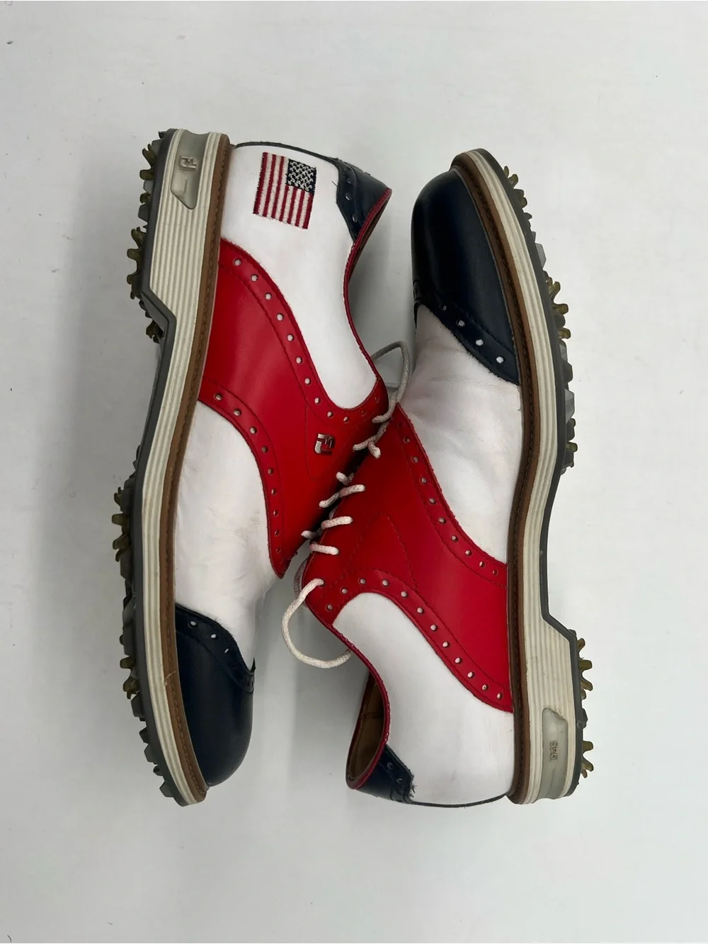 FootJoy DryJoys Premiere WILCOX Men 8.5 White Blue Red USA Flag Golf Shoes